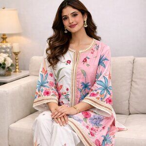 Elegant Floral Co-ord Set – Pink & Cream Ethnic Outfit | Size 42 (XL)